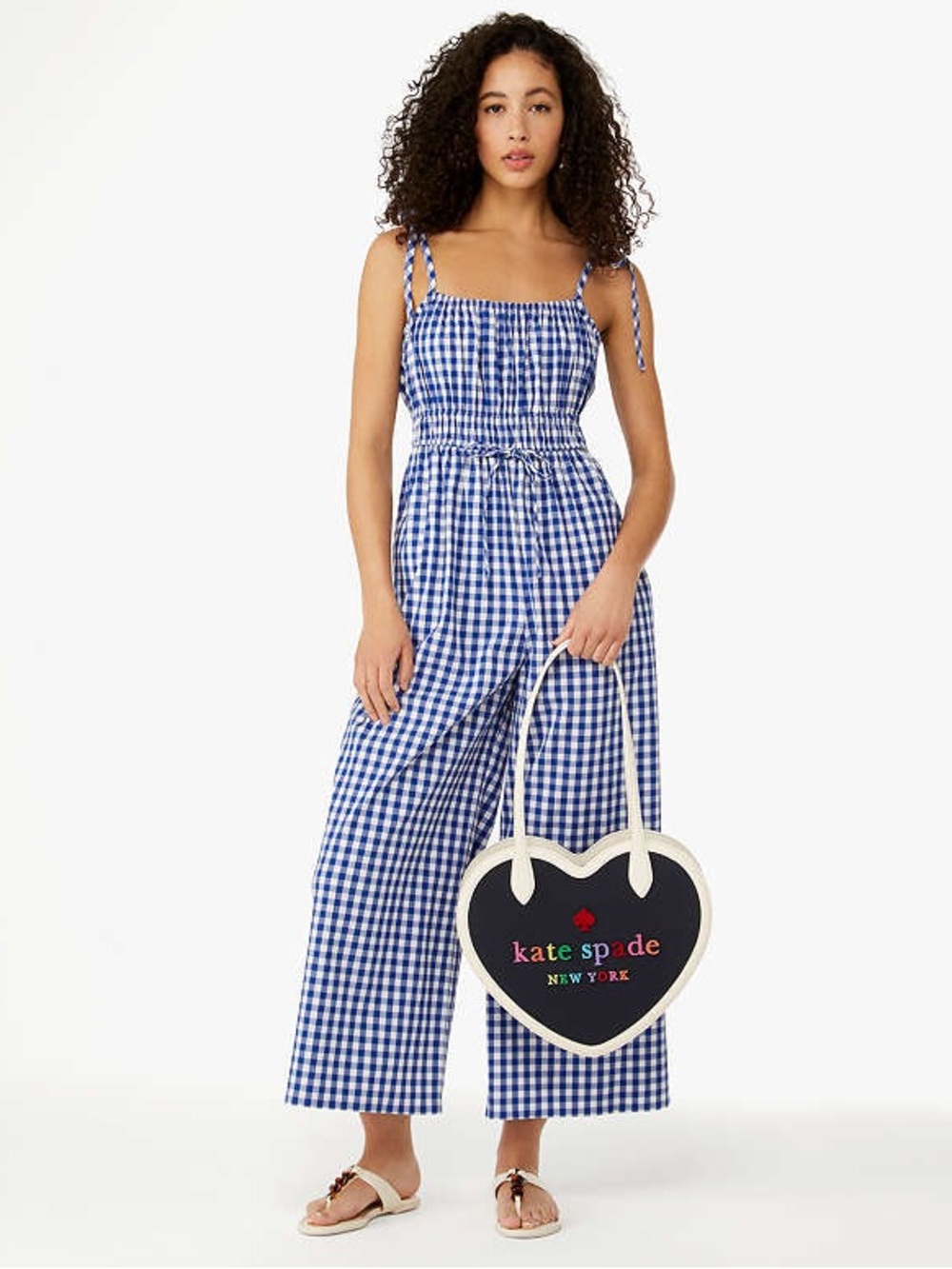 kate spade Blue Gingham Tie-Shoulder Wide-Leg Jumpsuit